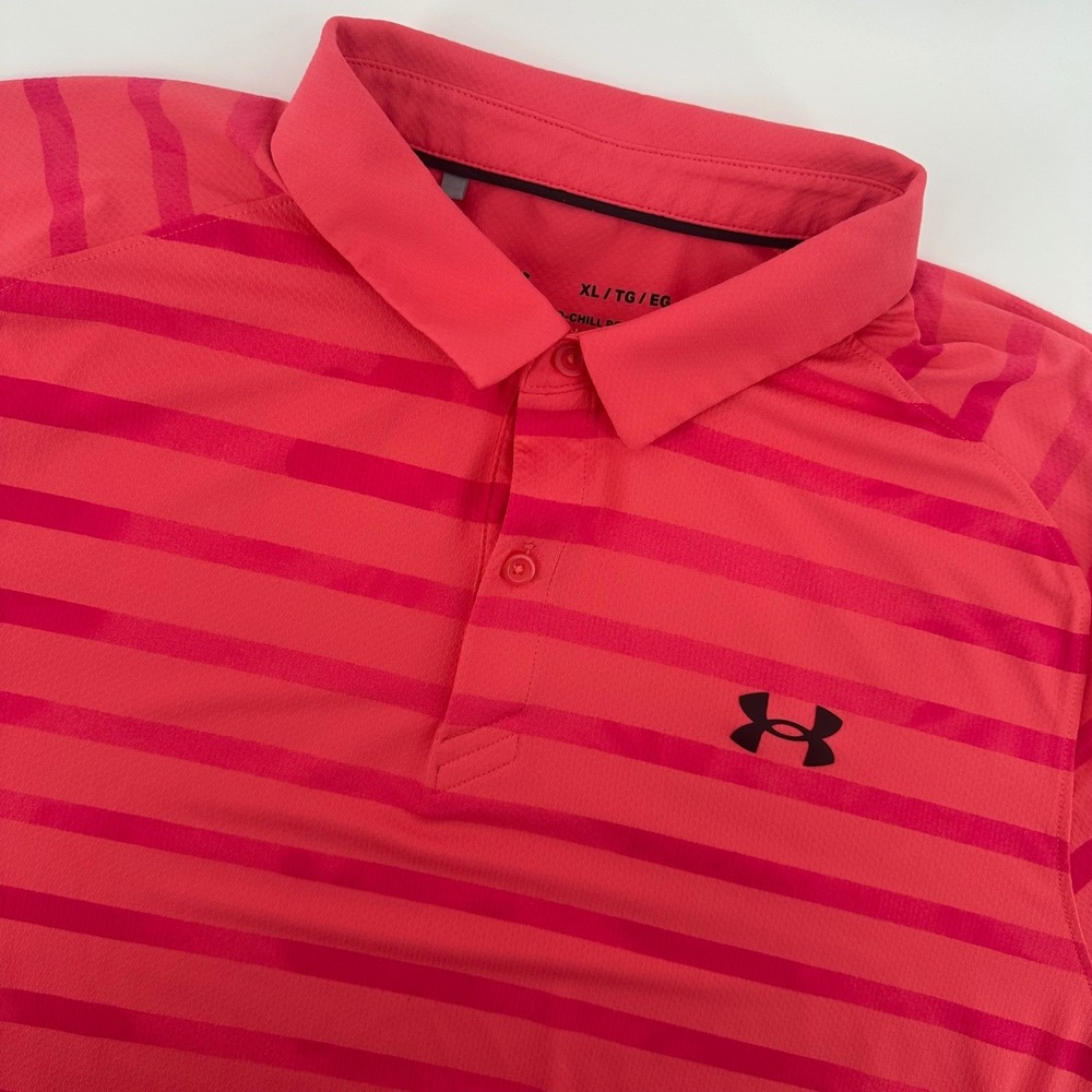 Under Armour Iso-Chill Polo Mens XL Pink Red Striped HeatGear Golf Shirt